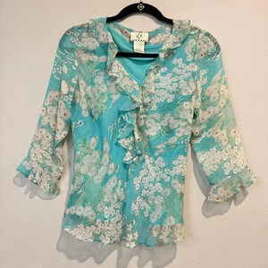 Ice Floral Fairy Y2K Silk Blouse Ruffle V Neck Cottagecore S